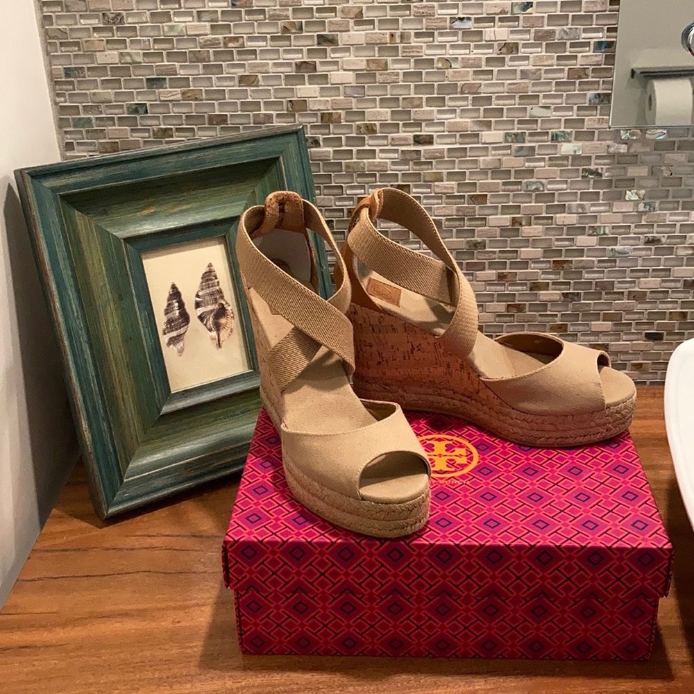 🌊EUC Tory Burch Adonis Peep-Toe Cork Wedge Espadrilles🌊